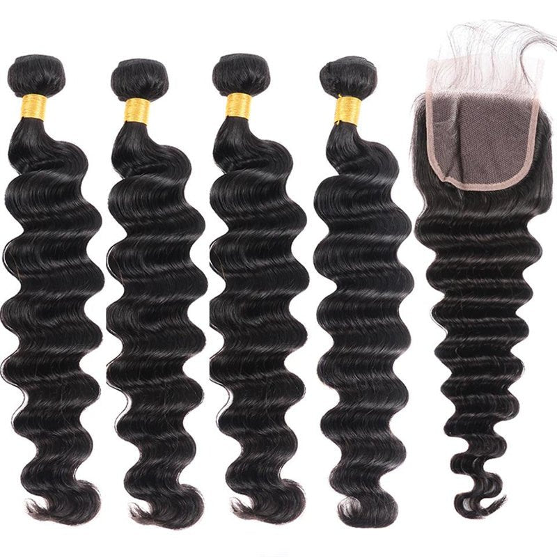 Peruvian Human Hair Virgin Loose Deep Wave 4 Bundles With 4x4 Lace Closure - Msgem Hair