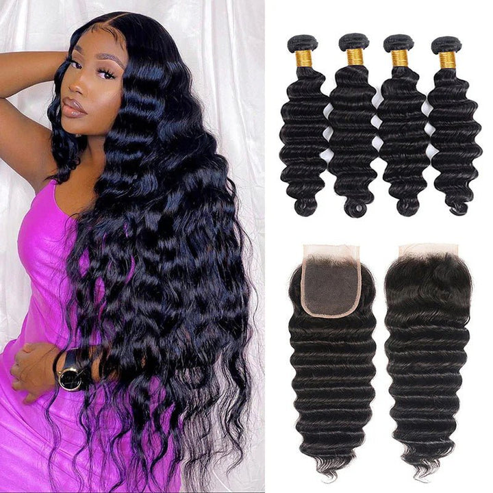 Peruvian Human Hair Virgin Loose Deep Wave 4 Bundles With 4x4 Lace Closure - Msgem Hair