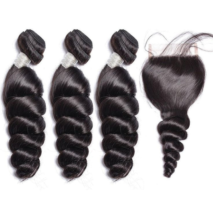 Peruvian Loose Wave Virgin Human Hair 3 Bundles With 4x4 Lace Closure - Msgem Hair