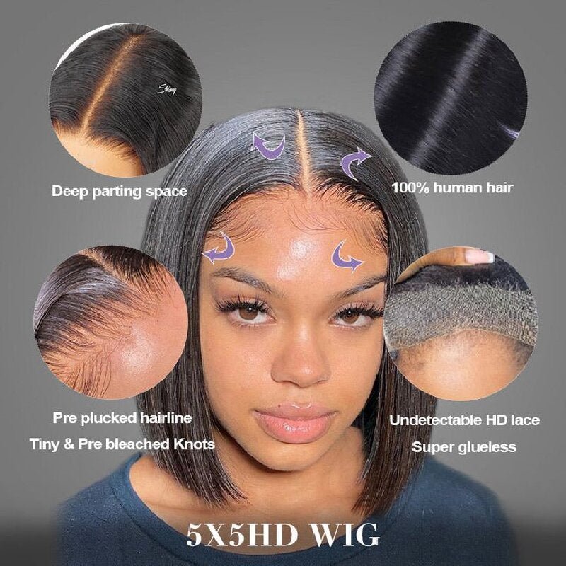 Ready to Go Glueless Wig 5x5 Transparent Lace Closure Beginner Friendly Short Straight Bob Wig - Msgem Hair