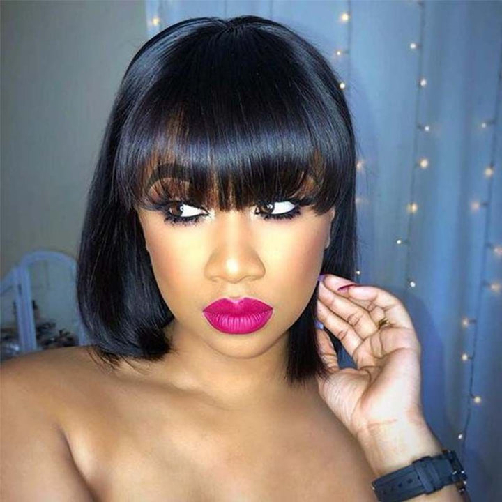 Short Bob Cut Human Hair Wigs With Bangs Pre plucked Brazilian Remy Straight Machine Made Wig - Msgem Hair