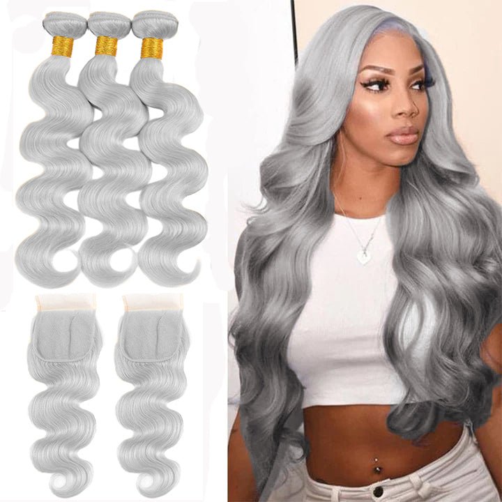 Silver Grey Body Wave 3 Bundles With 4x4 Lace Closure Remy Brazilian Human Hair - Msgem Hair