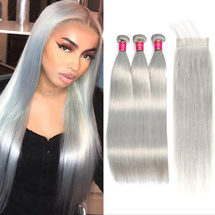 Silver Grey Straight 3 Bundles With 4x4 Closure 100% Remy Human Hair - Msgem Hair