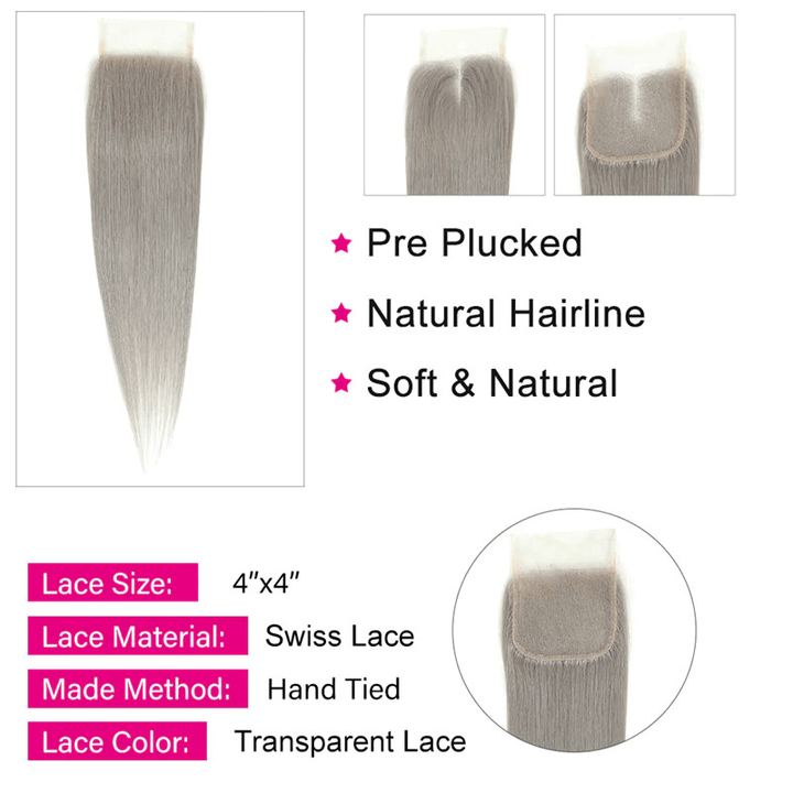 Silver Grey Straight 3 Bundles With 4x4 Closure 100% Remy Human Hair - Msgem Hair