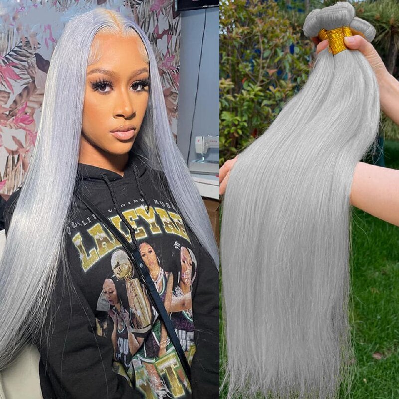 Silver Grey Straight 3 Bundles With 4x4 Closure 100% Remy Human Hair - Msgem Hair