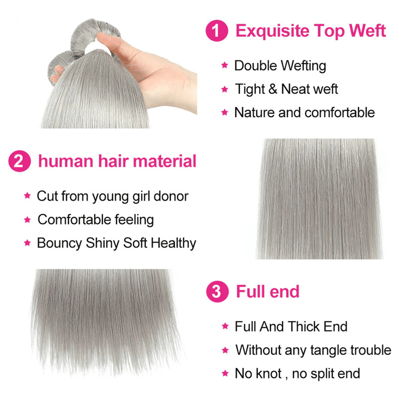 Silver Grey Straight 3 Bundles With 4x4 Closure 100% Remy Human Hair - Msgem Hair
