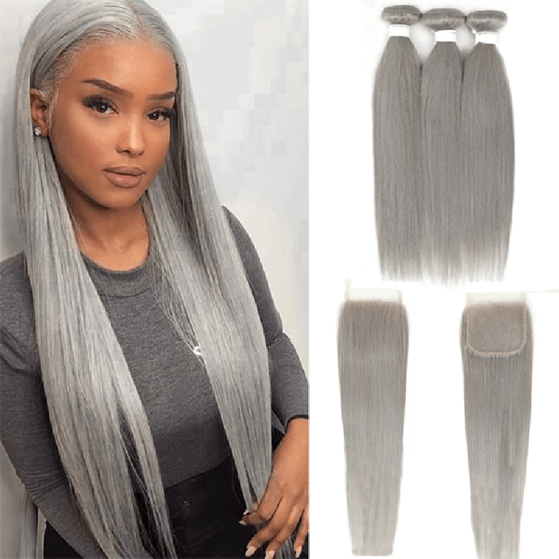 Silver Grey Straight 3 Bundles With 4x4 Closure 100% Remy Human Hair - Msgem Hair