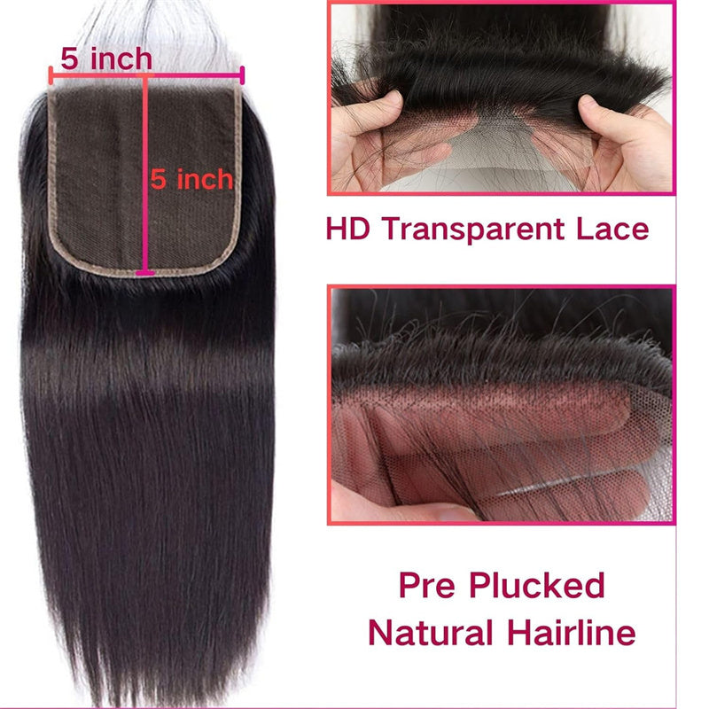 Msgem Straight Hair 5x5 Transparent HD Lace Closure Virgin Human Hair Frontal Closure
