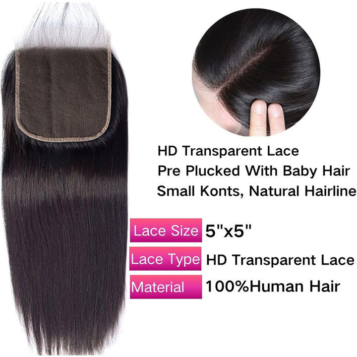 Msgem Straight Hair 5x5 Transparent HD Lace Closure Virgin Human Hair Frontal Closure