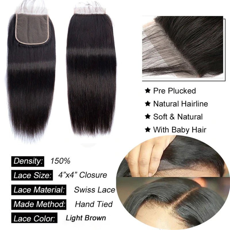 Straight Hair 4 Bundles with 4x4 Lace Closure 100% Human Hair - Msgem Hair