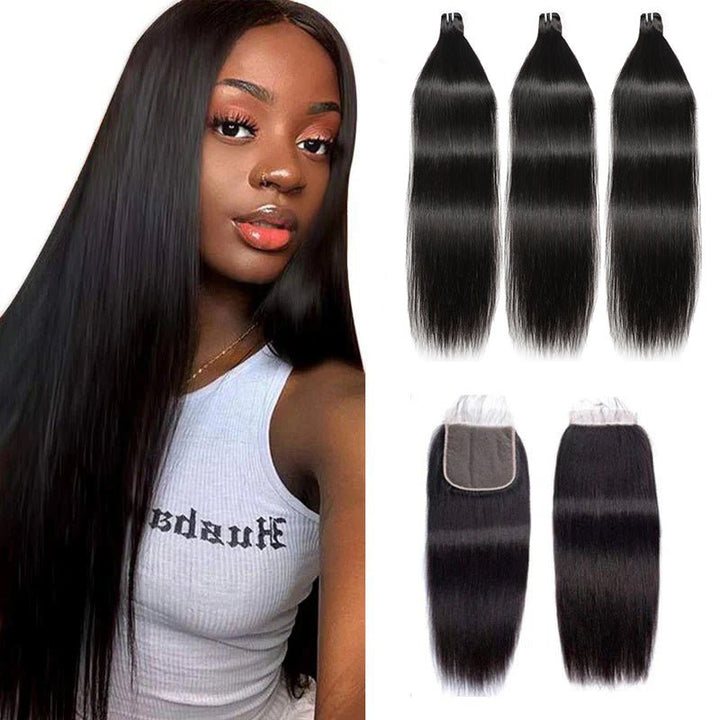 Straight Hair 4 Bundles with 4x4 Lace Closure 100% Human Hair - Msgem Hair
