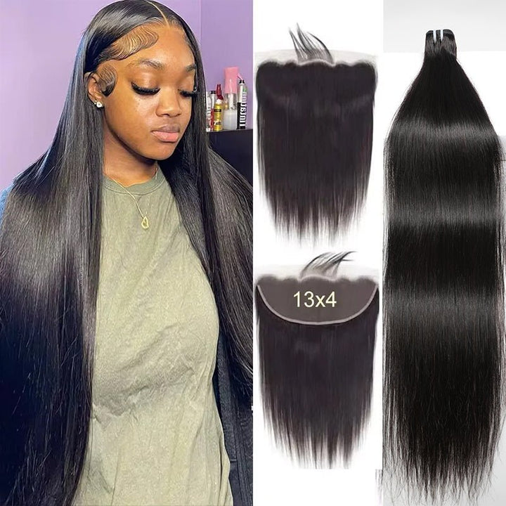 Straight Human Hair Bundles With Frontal Transparent 13x4 Lace Closure 12A Grade Hair - Msgem Hair