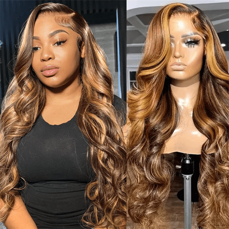 Straight Human Hair Highlight Ombre 4/27 Color Body Wave 13x4 Lace Front Wig - Msgem Hair