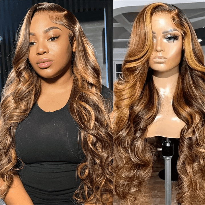 Straight Human Hair Highlight Ombre 4/27 Color Body Wave 13x4 Lace Front Wig - Msgem Hair