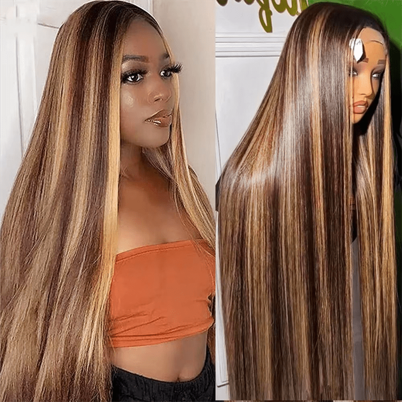 Straight Human Hair Highlight Ombre 4/27 Color Body Wave 13x4 Lace Front Wig - Msgem Hair