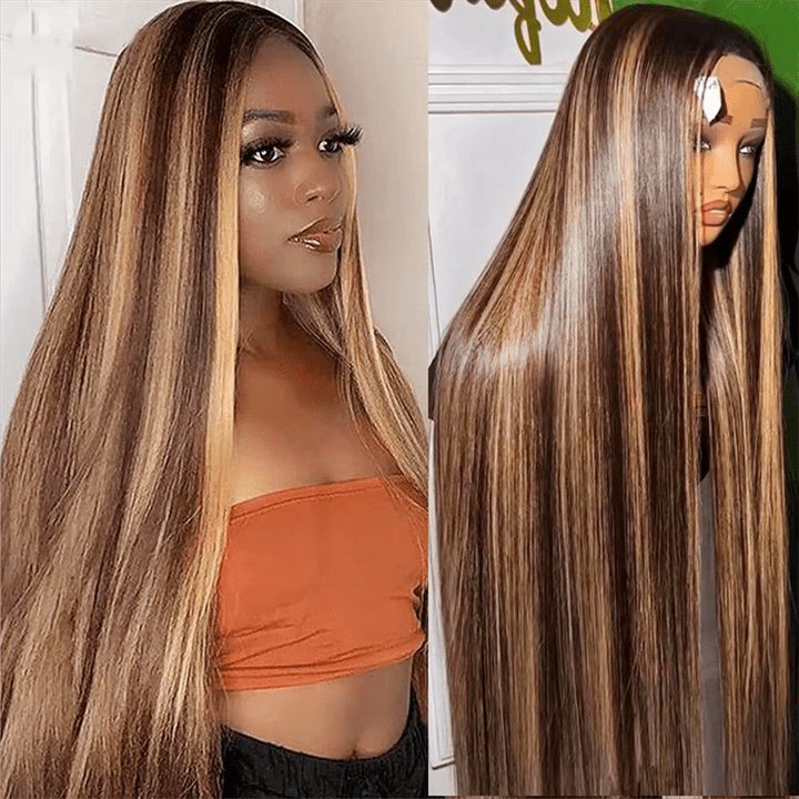 Straight Human Hair Highlight Ombre 4/27 Color Body Wave 13x4 Lace Front Wig - Msgem Hair