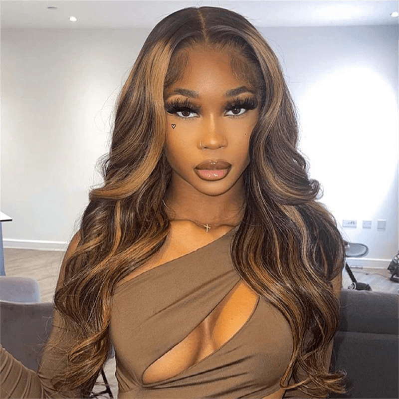 Straight Human Hair Highlight Ombre 4/27 Color Body Wave 13x4 Lace Front Wig - Msgem Hair
