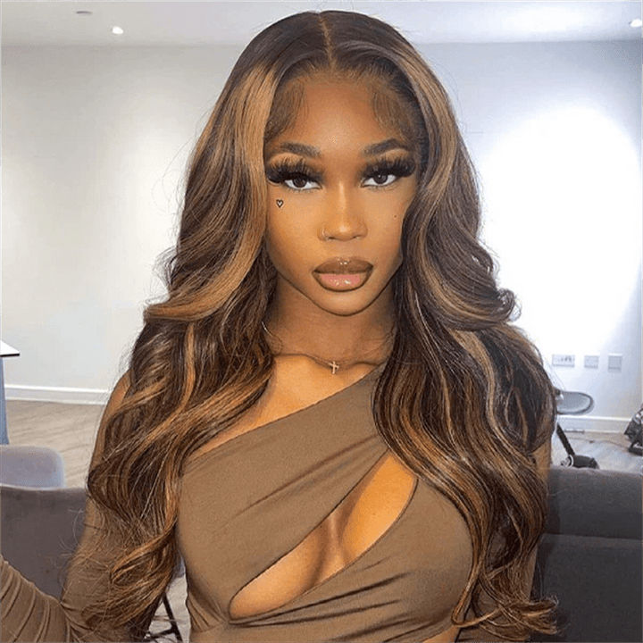 Straight Human Hair Highlight Ombre 4/27 Color Body Wave 13x4 Lace Front Wig - Msgem Hair