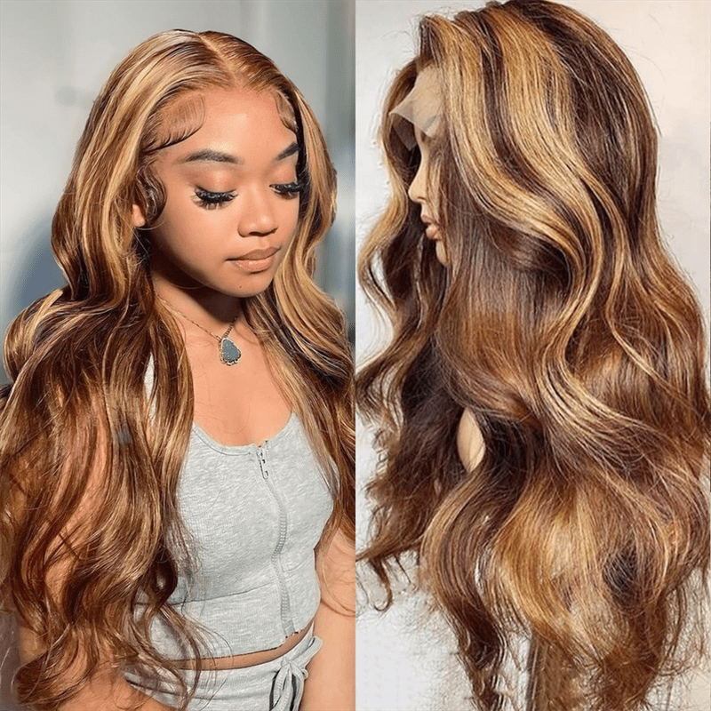 Straight Human Hair Highlight Ombre 4/27 Color Body Wave 13x4 Lace Front Wig - Msgem Hair