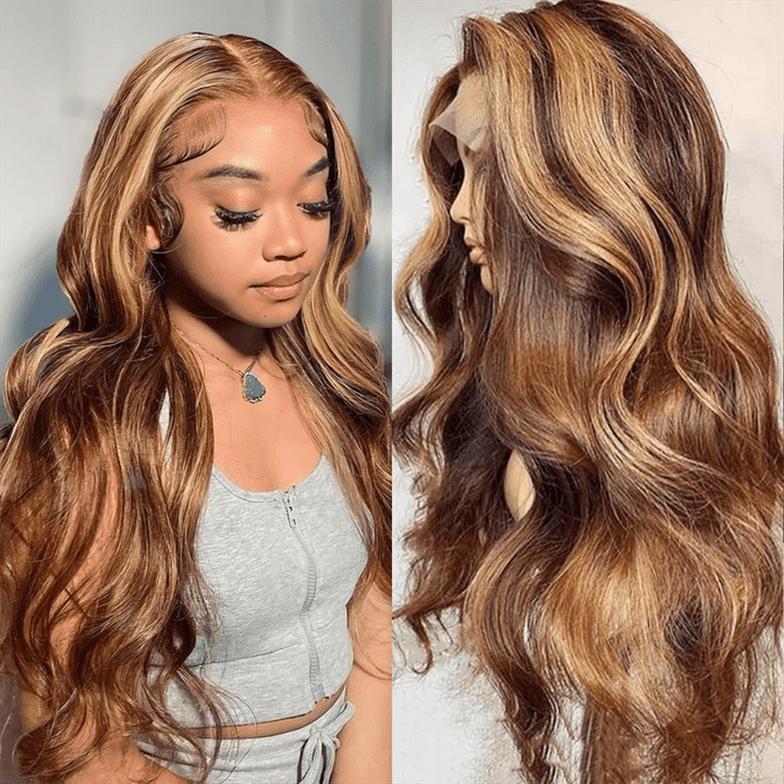 Straight Human Hair Highlight Ombre 4/27 Color Body Wave 13x4 Lace Front Wig - Msgem Hair
