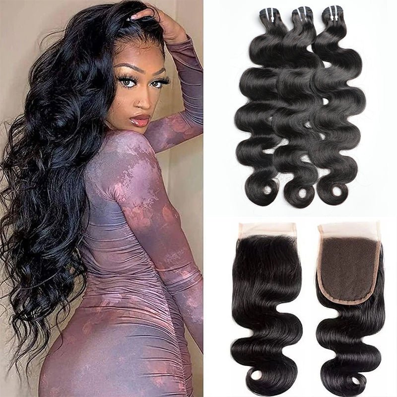 Unprocessed Malaysian Body Wave Hair 3 Bundles With 4x4 Lace Closure - Msgem Hair