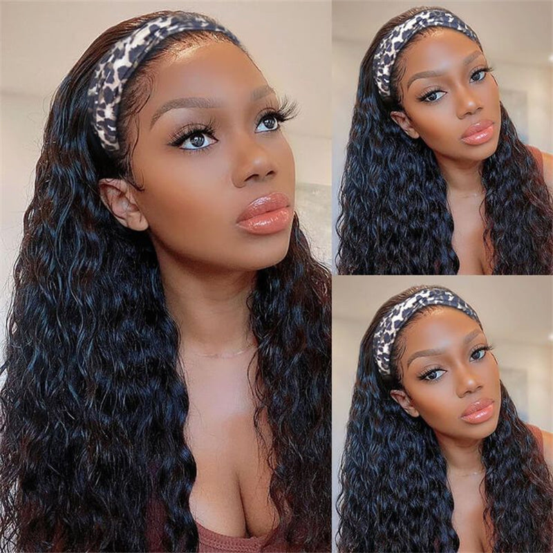 Msgem Hair Water Wave Glueless Human Hair Wigs Headband Scarf Wig Natural Color