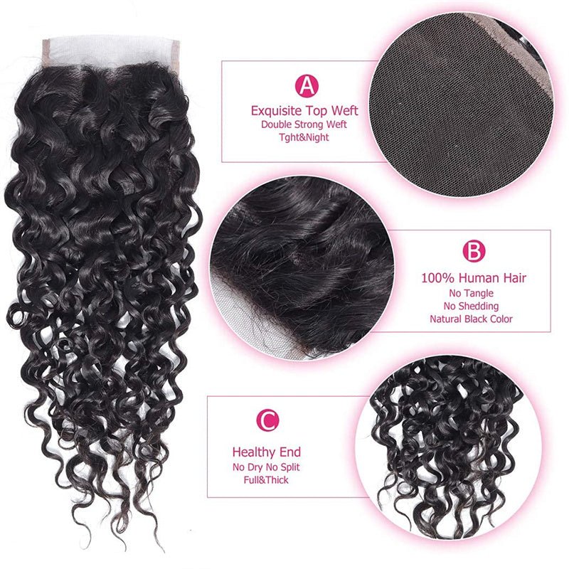 Water Wave 4x4 Lace Closure Human Hair Virgin Human Hair Swiss Lace Closures Natural Black Color For Women - Msgem Hair