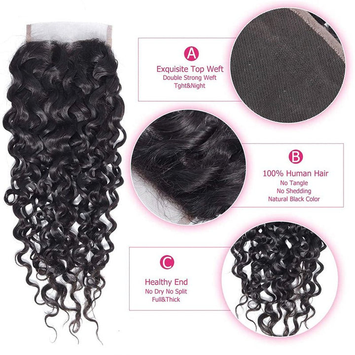 Water Wave 4x4 Lace Closure Human Hair Virgin Human Hair Swiss Lace Closures Natural Black Color For Women - Msgem Hair