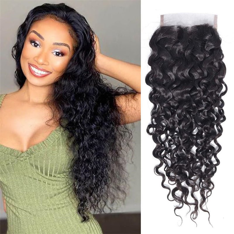 Water Wave 4x4 Lace Closure Human Hair Virgin Human Hair Swiss Lace Closures Natural Black Color For Women - Msgem Hair