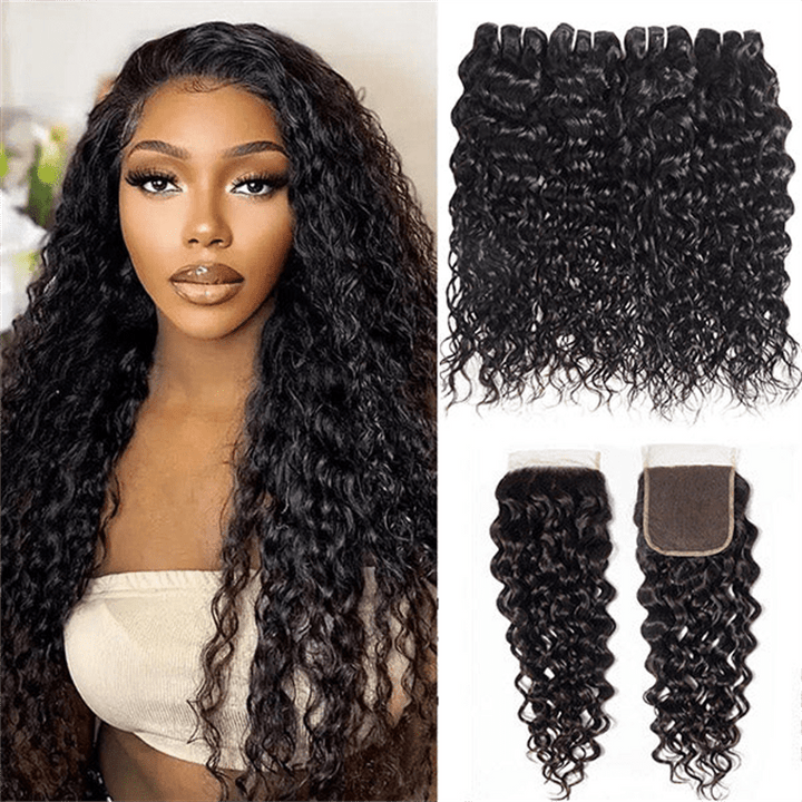 Water Wave Hair 4 Bundles With 4x4 Lace Closure 100% Virgin Human Hair - Msgem Hair
