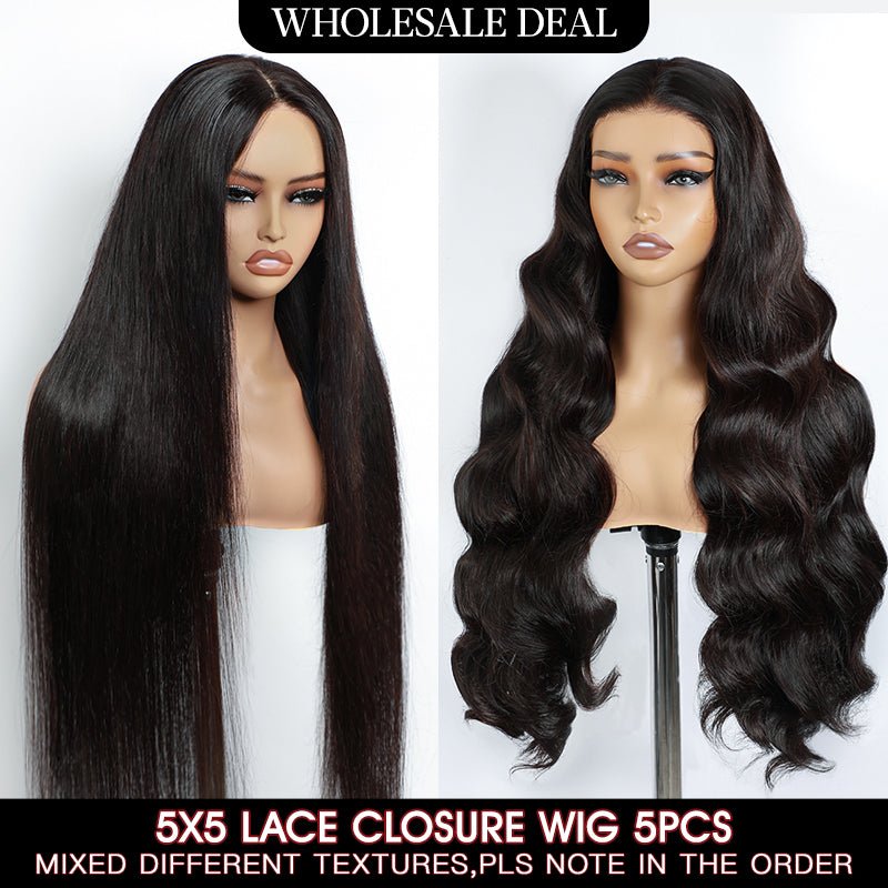 Wholesale | Msgem Glueless Wigs 5x5 Lace Closure Wigs 5PCS Pre Cut Bleached Knots - Msgem Hair