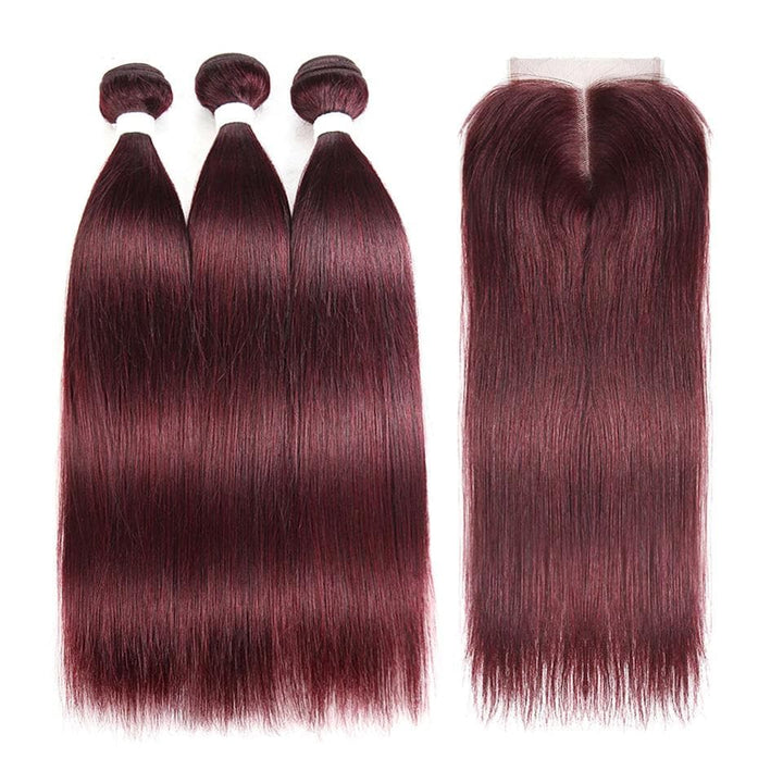 Wine Red Burgundy Straight Hair 3 Bundles With Closure 4x4 Colored 100% virgin human hair - Msgem Hair