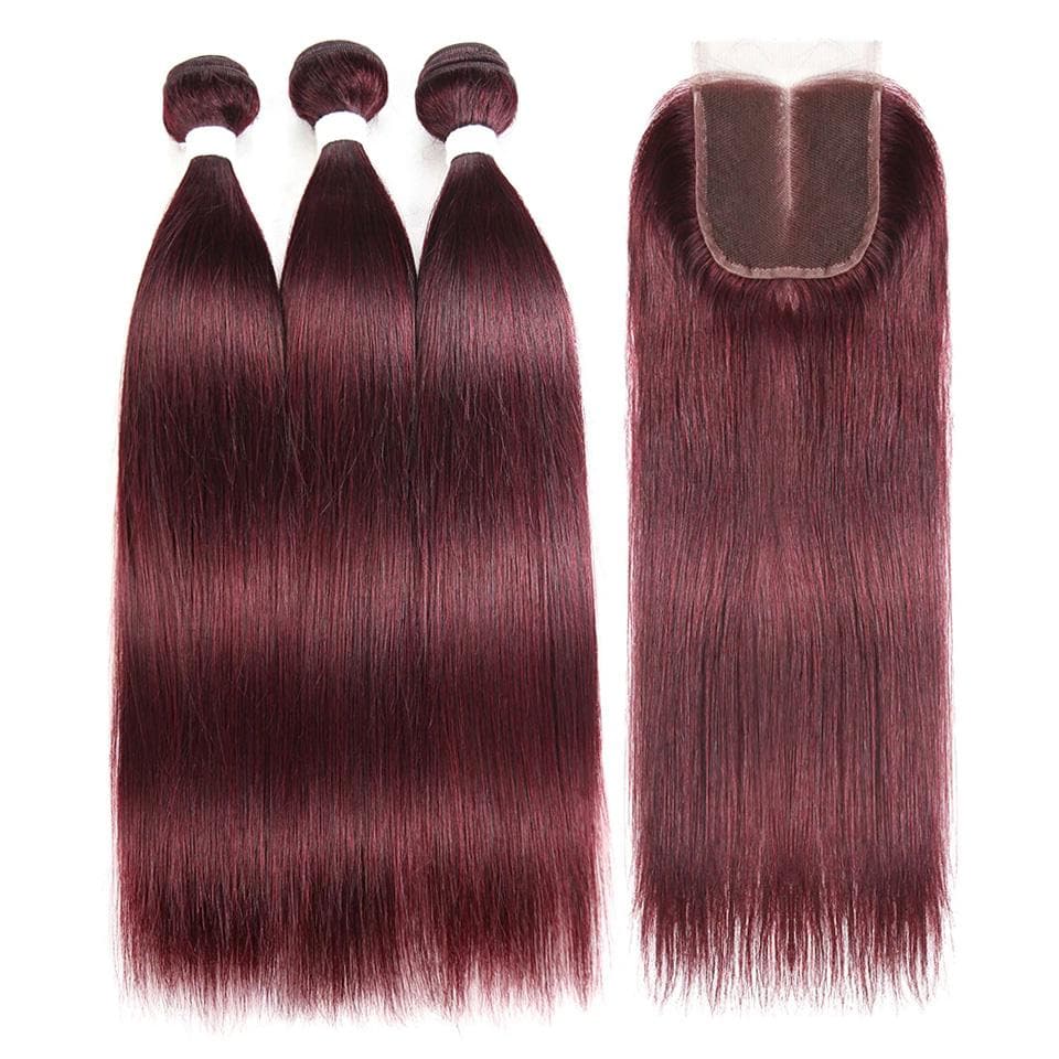Wine Red Burgundy Straight Hair 3 Bundles With Closure 4x4 Colored 100% virgin human hair - Msgem Hair