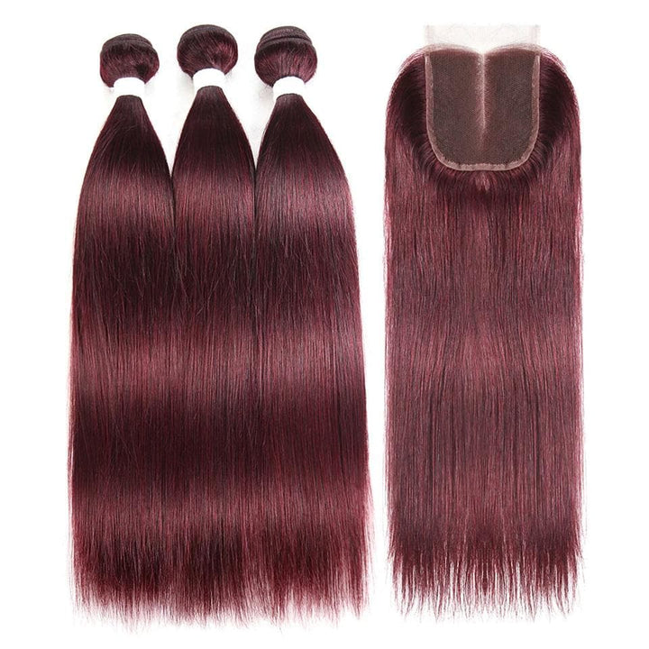 Wine Red Burgundy Straight Hair 3 Bundles With Closure 4x4 Colored 100% virgin human hair - Msgem Hair